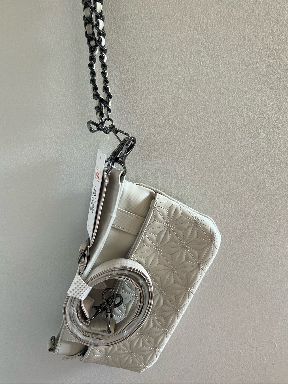 lug Flyer pebble coloured and Silver crossbody bag that converts to waist bag.